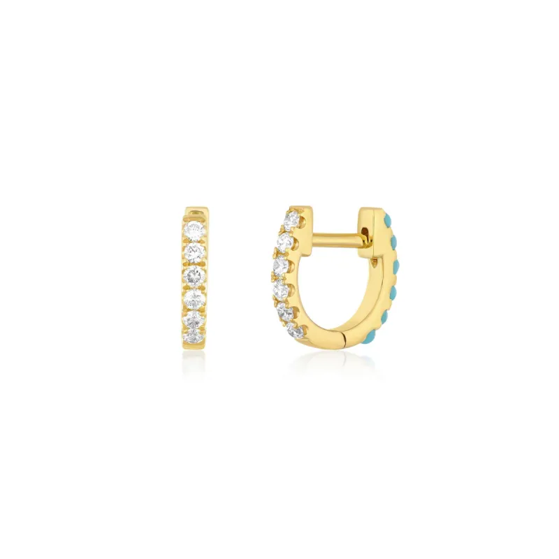 Reversible Diamond & Turquoise Mini Huggie Earring sold by EF Collection