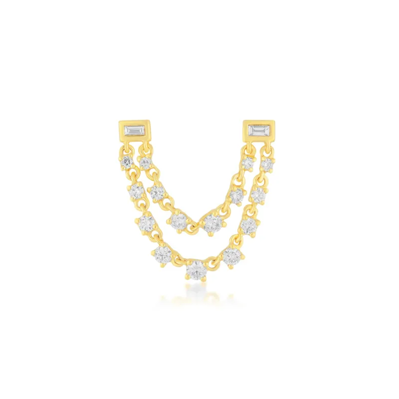 Baguette Double Diamond Chain Stud Earring sold by EF Collection
