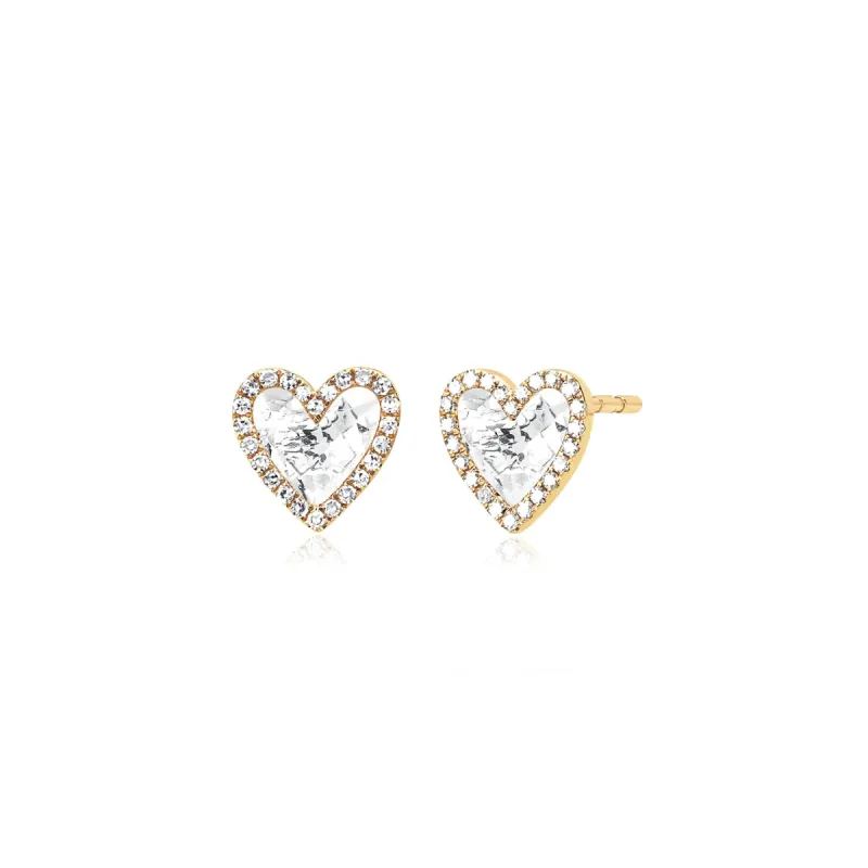 Diamond & White Quartz Heart Stud Earrings made by EF Collection