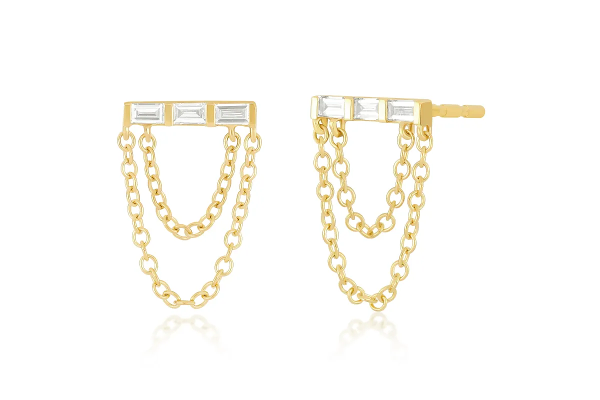 Diamond Baguette Bar Chain Stud Earring sold by EF Collection
