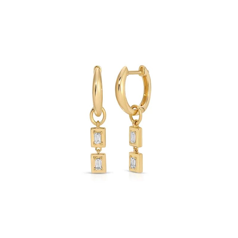 Gold Frame Double Baguette Diamond Huggie Charm on Gold Dome Huggie Earring sold by EF Collection