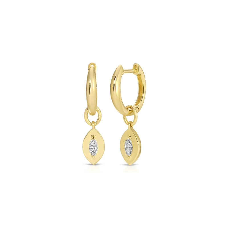 Gold Frame Marquise Diamond Huggie Charm on Gold Dome Huggie Earring sold by EF Collection
