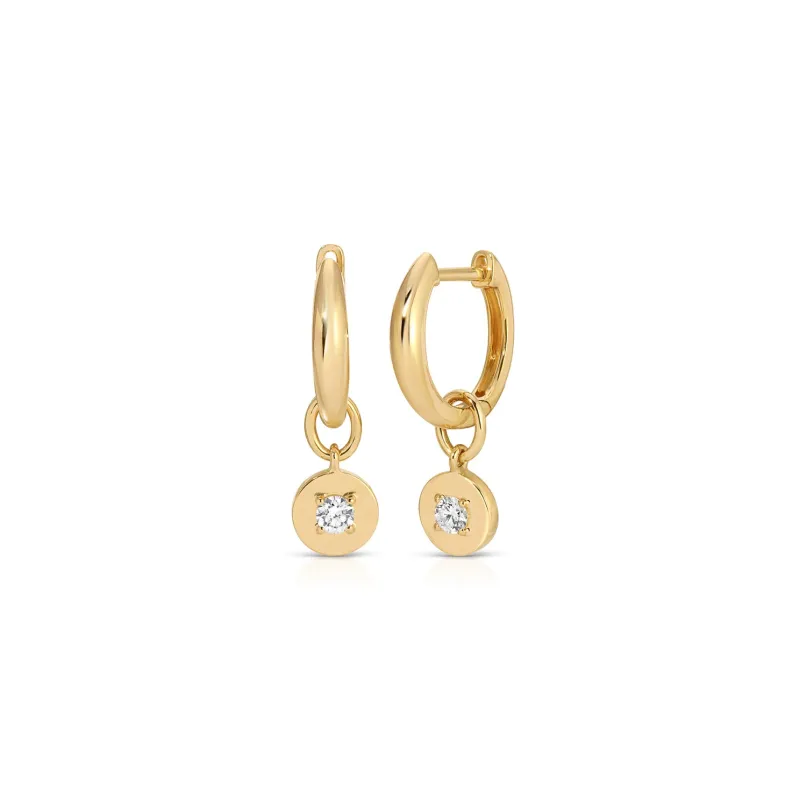 Gold Frame Round Diamond Huggie Charm on Gold Dome Huggie Earring sold by EF Collection