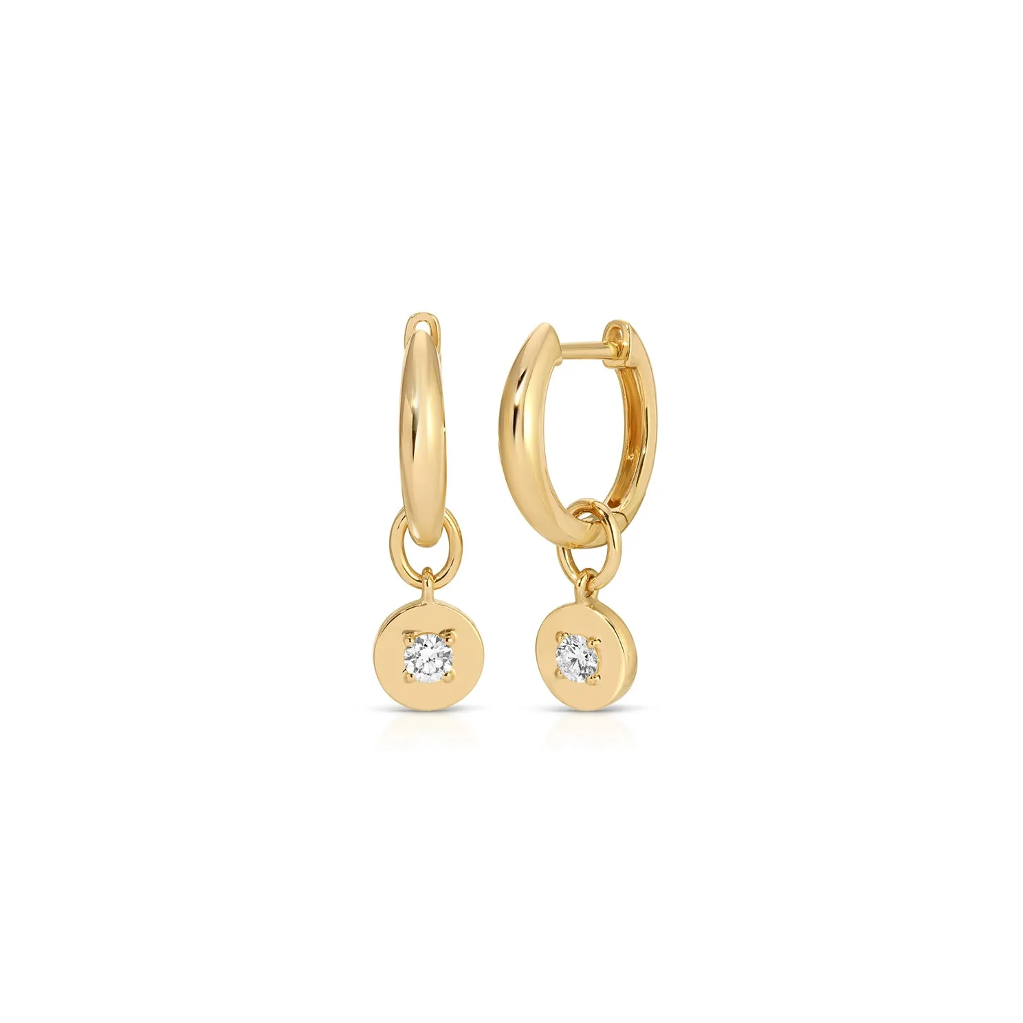 Gold Frame Round Diamond Huggie Charm on Gold Dome Huggie Earring sold by EF Collection