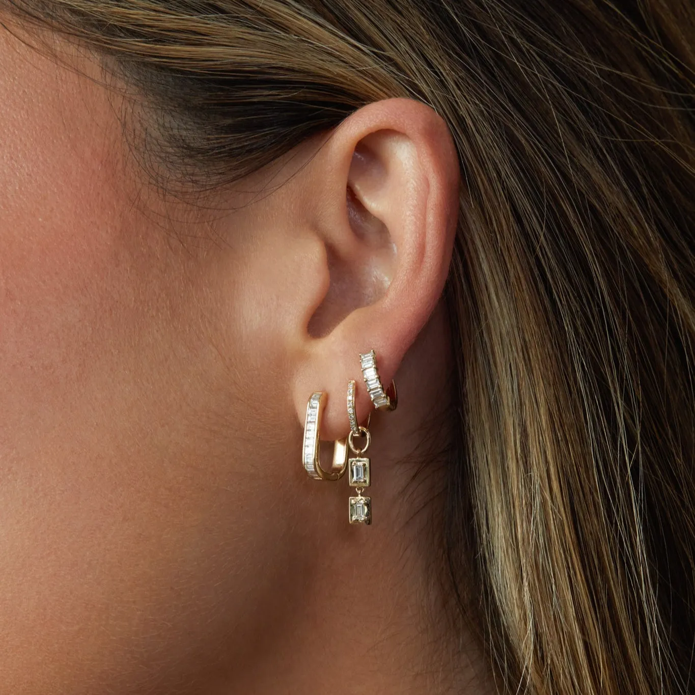 Gold Frame Double Baguette Diamond Huggie Charm on Diamond Mini Huggie Earring sold by EF Collection product image thumbnail 3