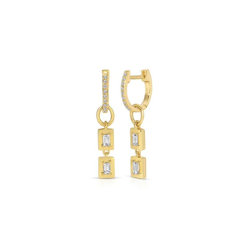 Gold Frame Double Baguette Diamond Huggie Charm on Diamond Mini Huggie Earring sold by EF Collection
