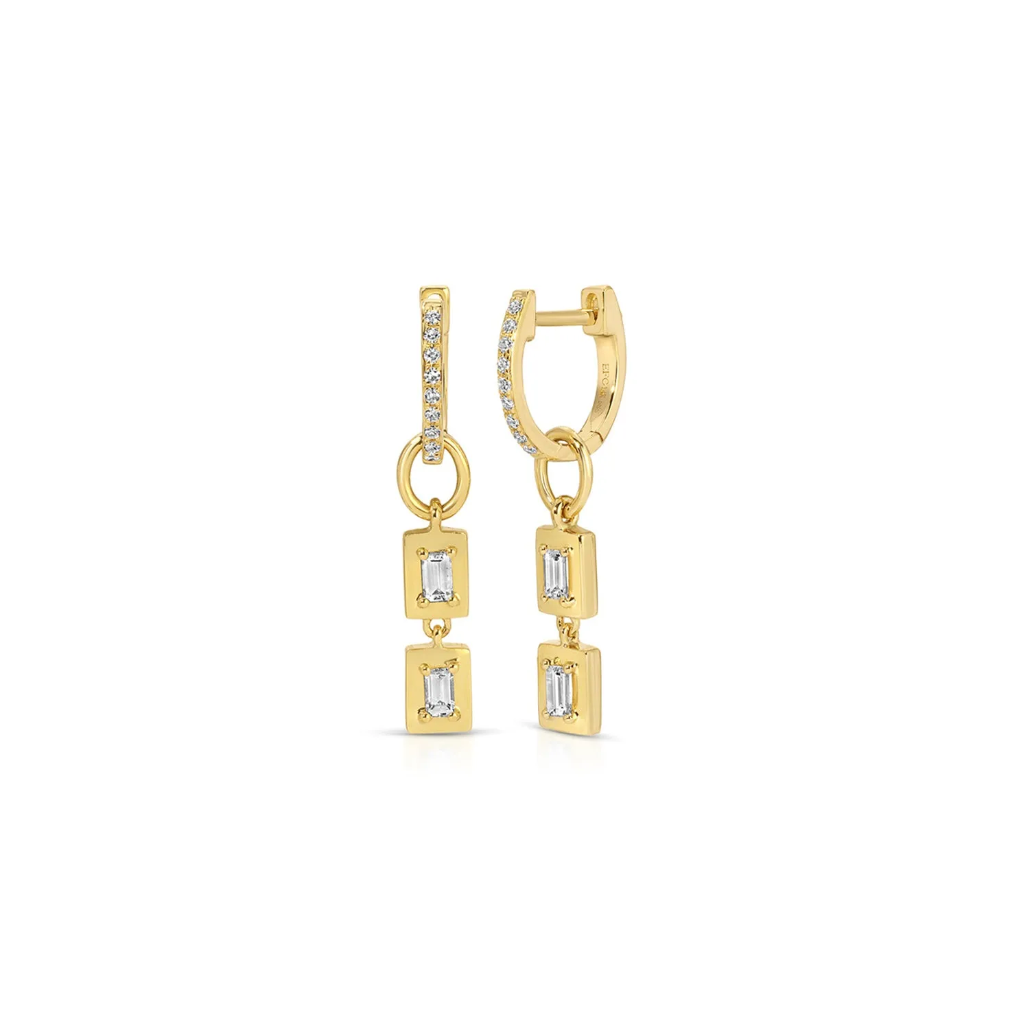 Gold Frame Double Baguette Diamond Huggie Charm on Diamond Mini Huggie Earring sold by EF Collection