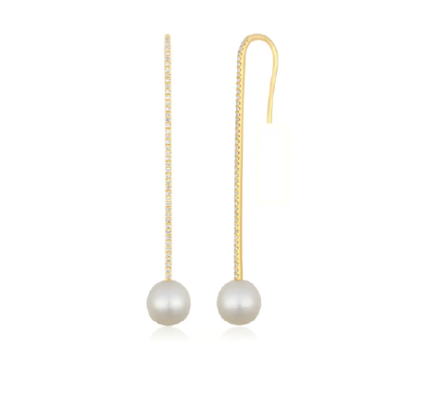Diamond Bar Pearl Drop Earring sold by EF Collection