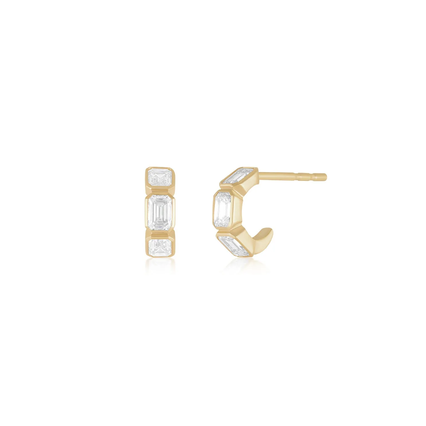 Emerald Cut Diamond Bezel Mini Huggie Earrings sold by EF Collection