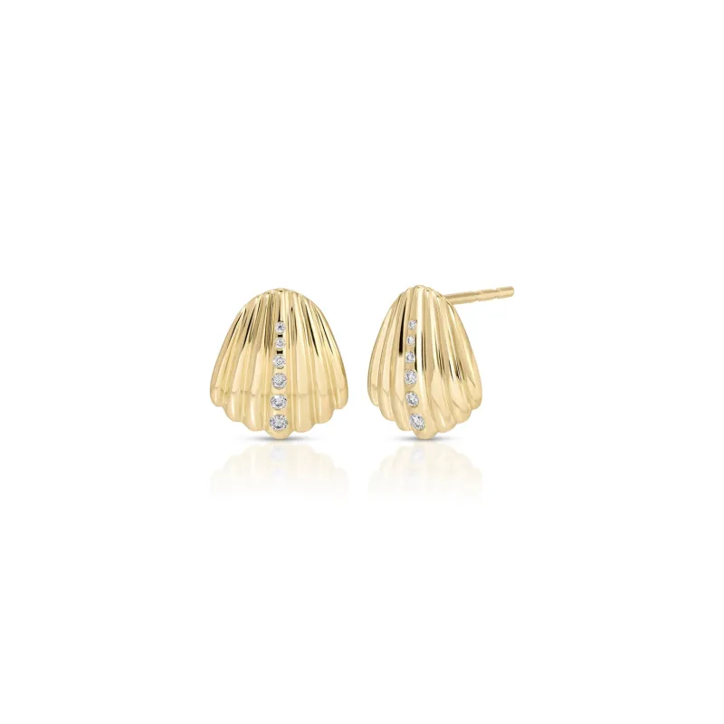 Gold and Diamond Shell Stud Earrings sold by EF Collection