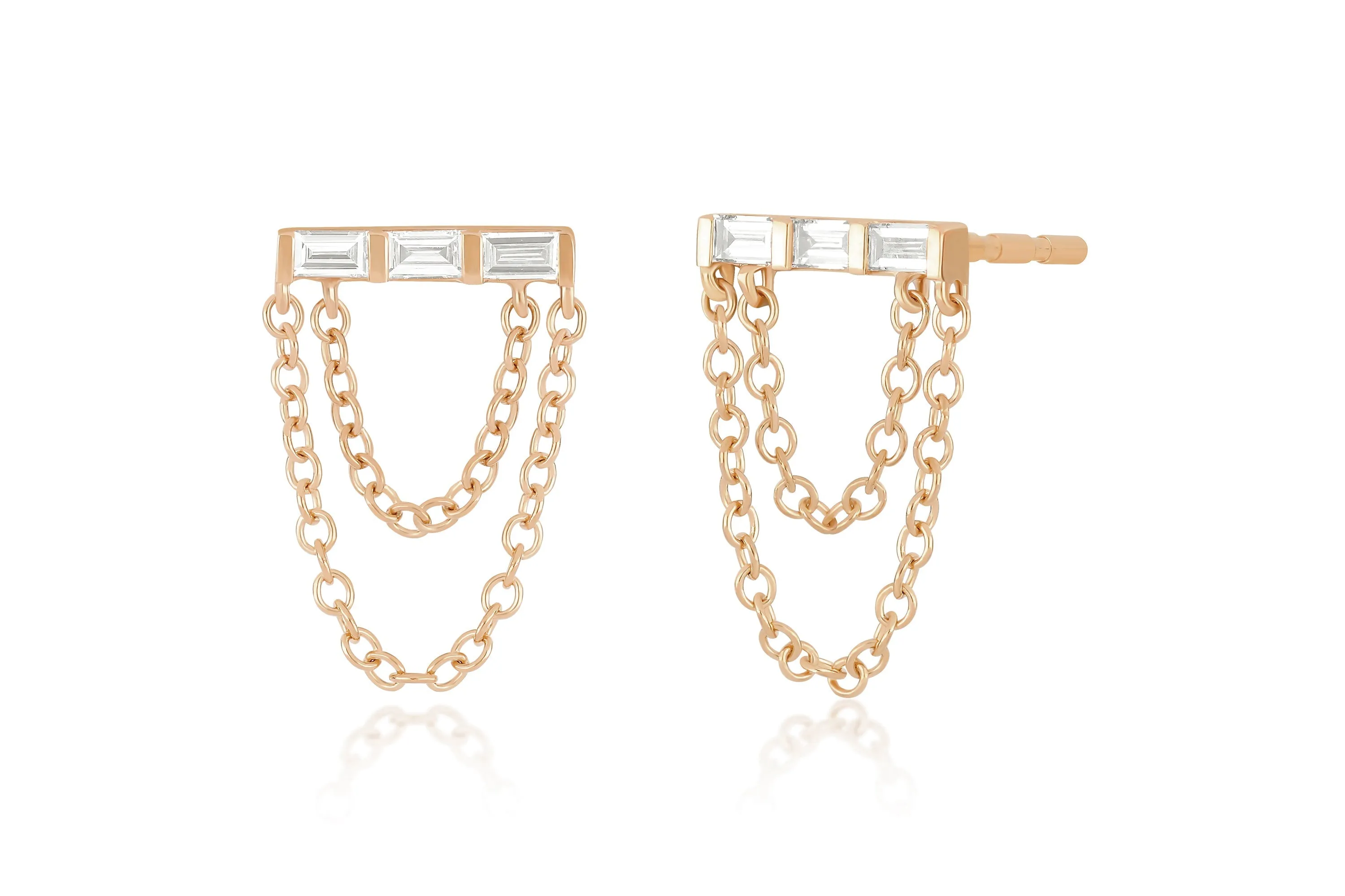 Diamond Baguette Bar Chain Stud Earring sold by EF Collection