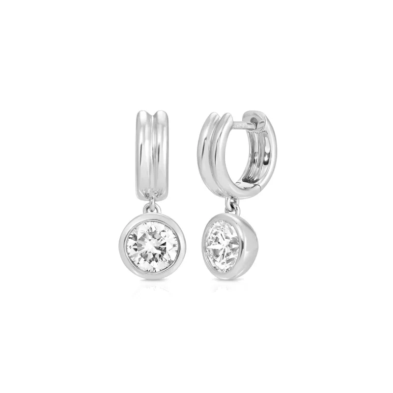 Bezel Set Round Diamond Drop Huggie Earrings made by EF Collection