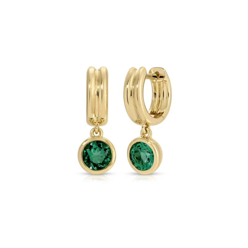 Bezel Set Round Emerald Drop Huggie Earrings made by EF Collection