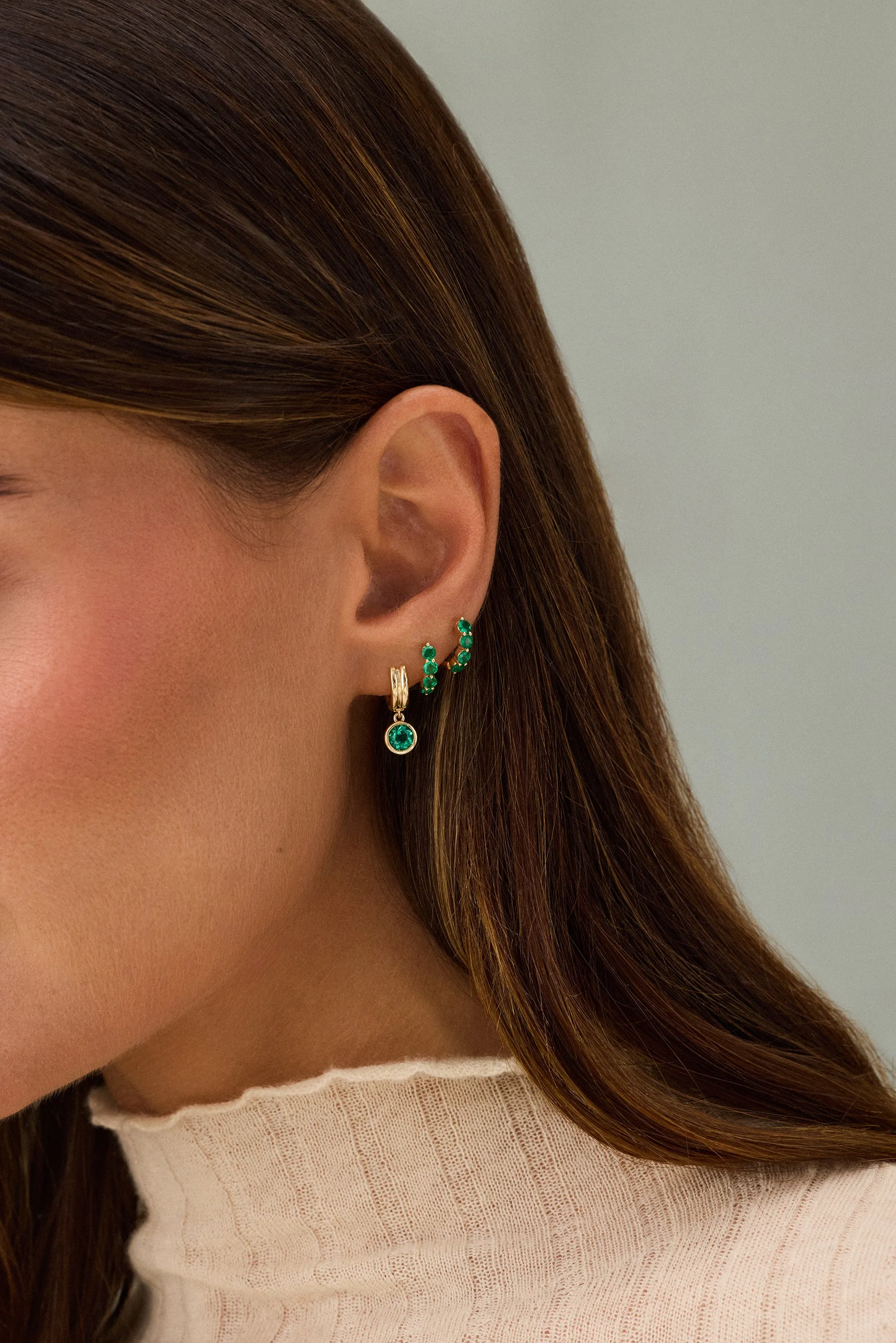 Bezel Set Round Emerald Drop Huggie Earrings sold by EF Collection product image thumbnail 2