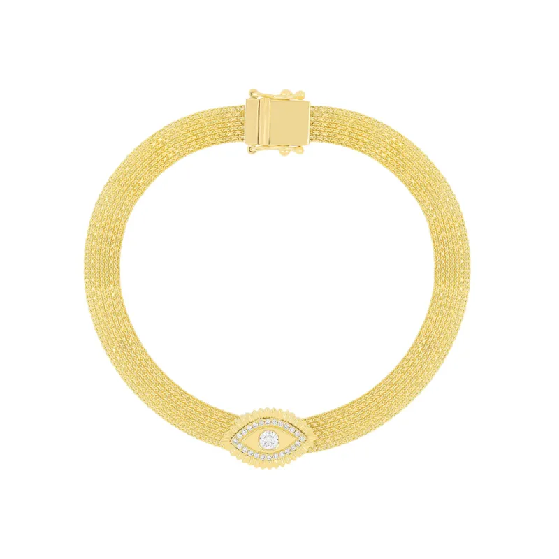Gold & Diamond Evil Eye Protection Mesh Bracelet sold by EF Collection