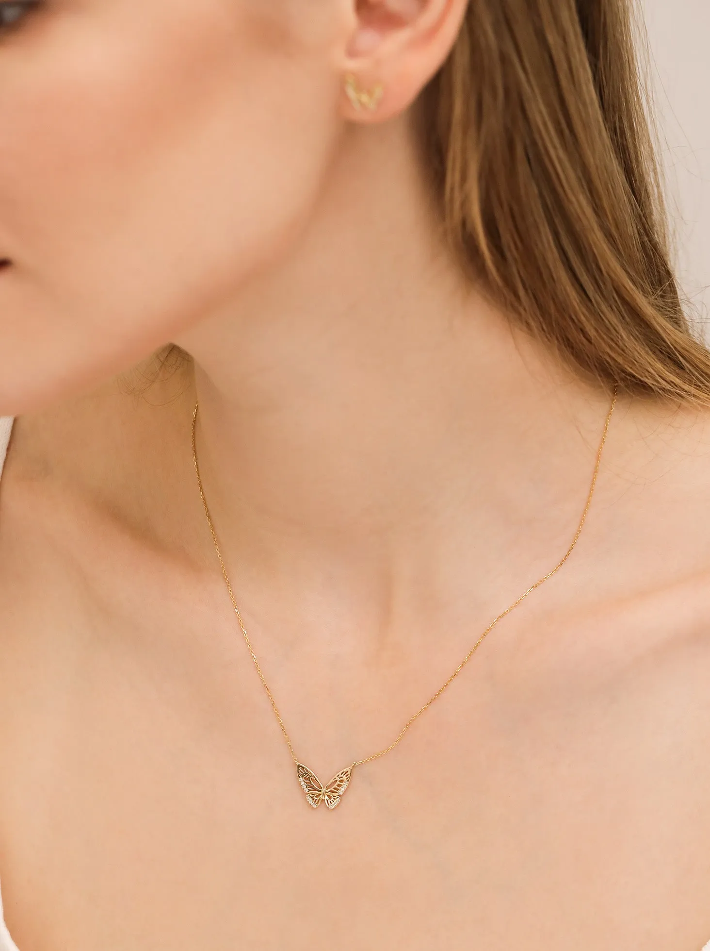 Mini Monarch Necklace and Stud Set - Monarch Butterfly Studs / Mini Monarch Butterfly Necklace / 9K and 18K Solid Gold sold by Nyrelle Jewelry product image thumbnail 3