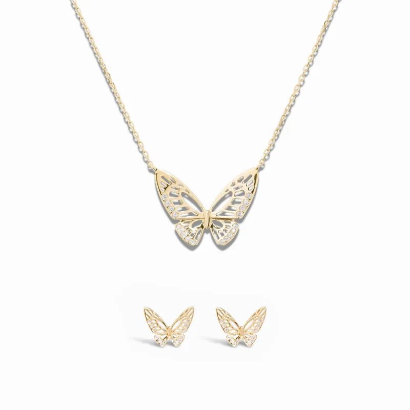 Mini Monarch Necklace and Stud Set - Monarch Butterfly Studs / Mini Monarch Butterfly Necklace / 9K and 18K Solid Gold sold by Nyrelle Jewelry
