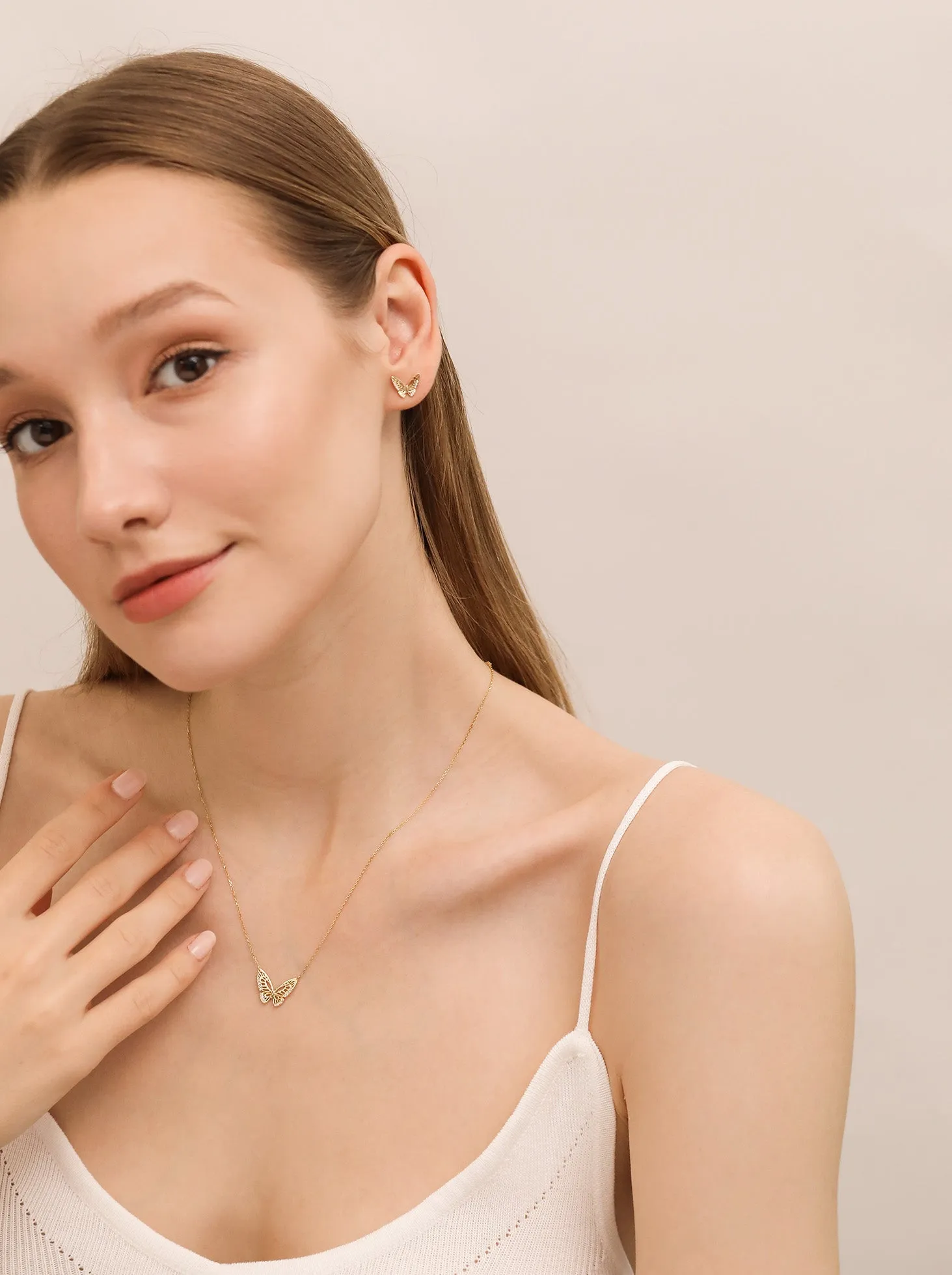 Mini Monarch Necklace and Stud Set - Monarch Butterfly Studs / Mini Monarch Butterfly Necklace / 9K and 18K Solid Gold sold by Nyrelle Jewelry product image thumbnail 2