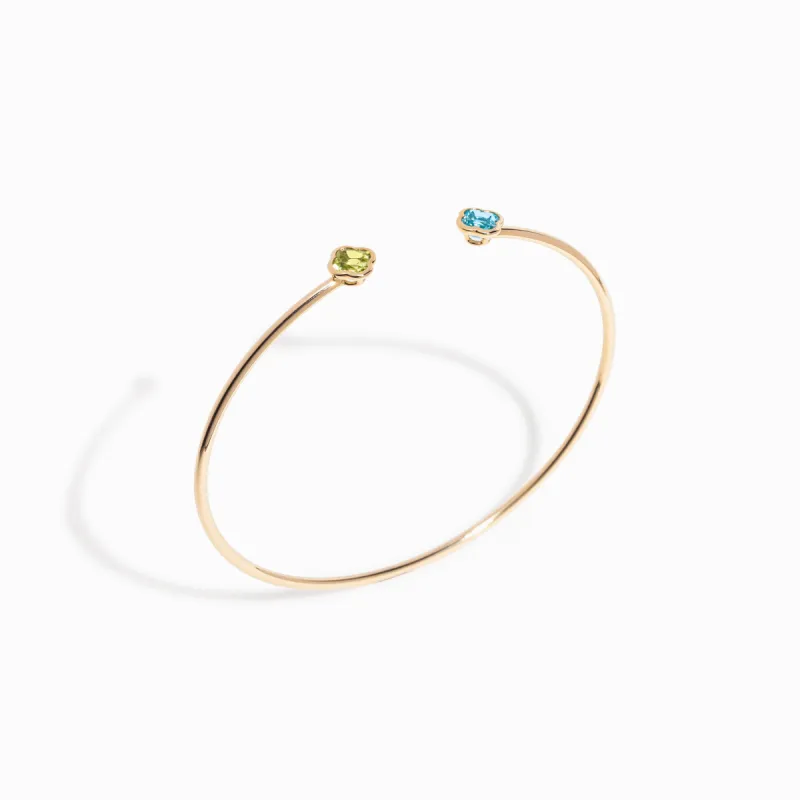 Clover Cut Swiss Blue Topaz and Peridot Bangle / 9K and 18K Solid Gold sold by Nyrelle Jewelry