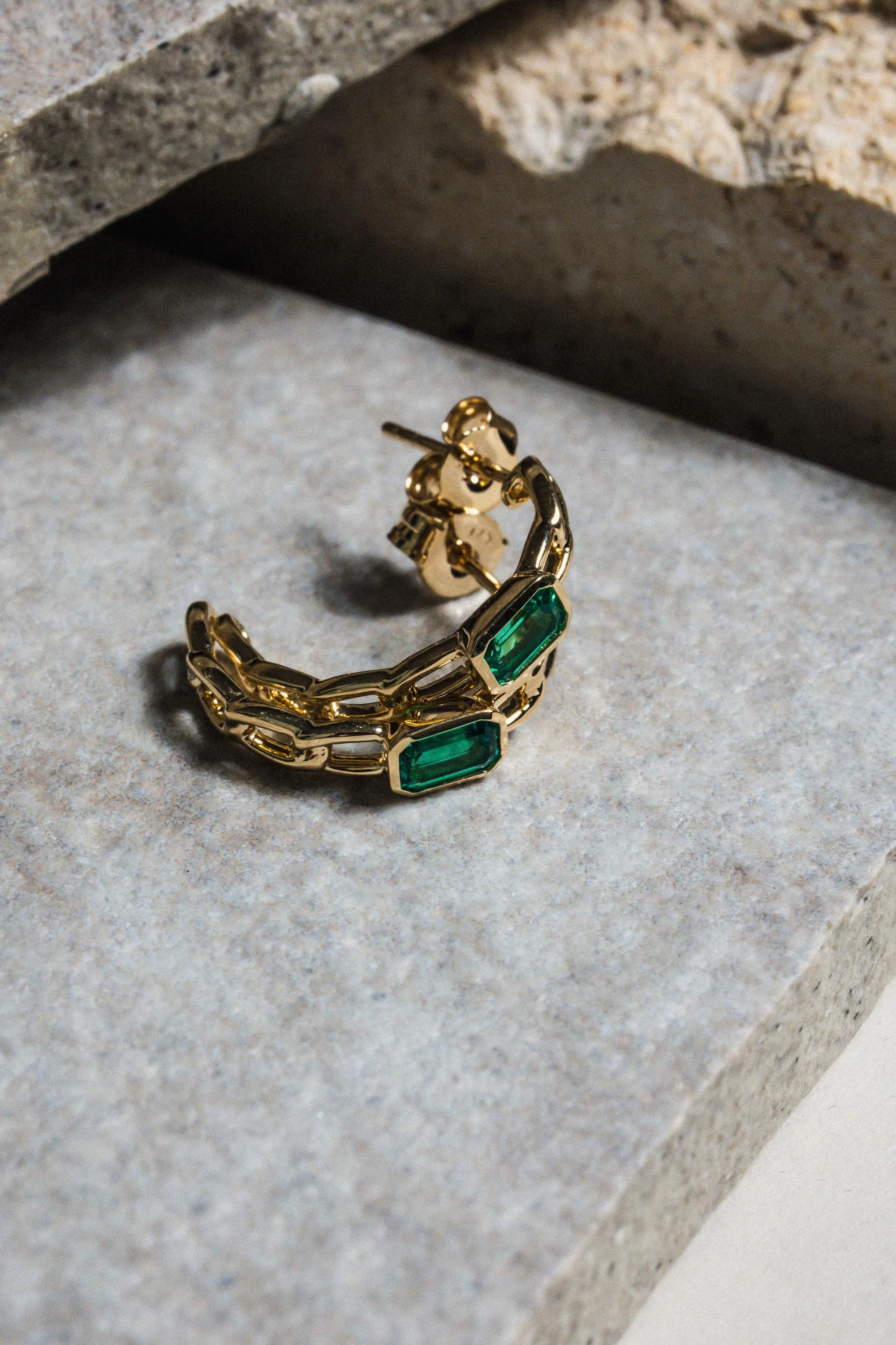 Emerald Chain Hoop Earrings / 9K and 18K Solid Gold sold by Nyrelle Jewelry
