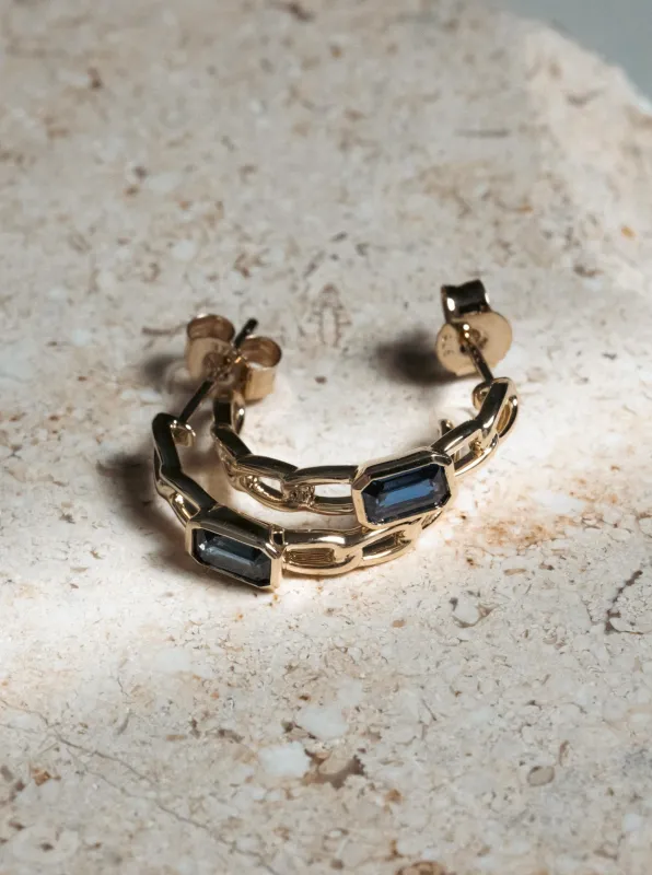 Sapphire Chain Hoop Earrings / 9K and 18K Solid Gold sold by Nyrelle Jewelry