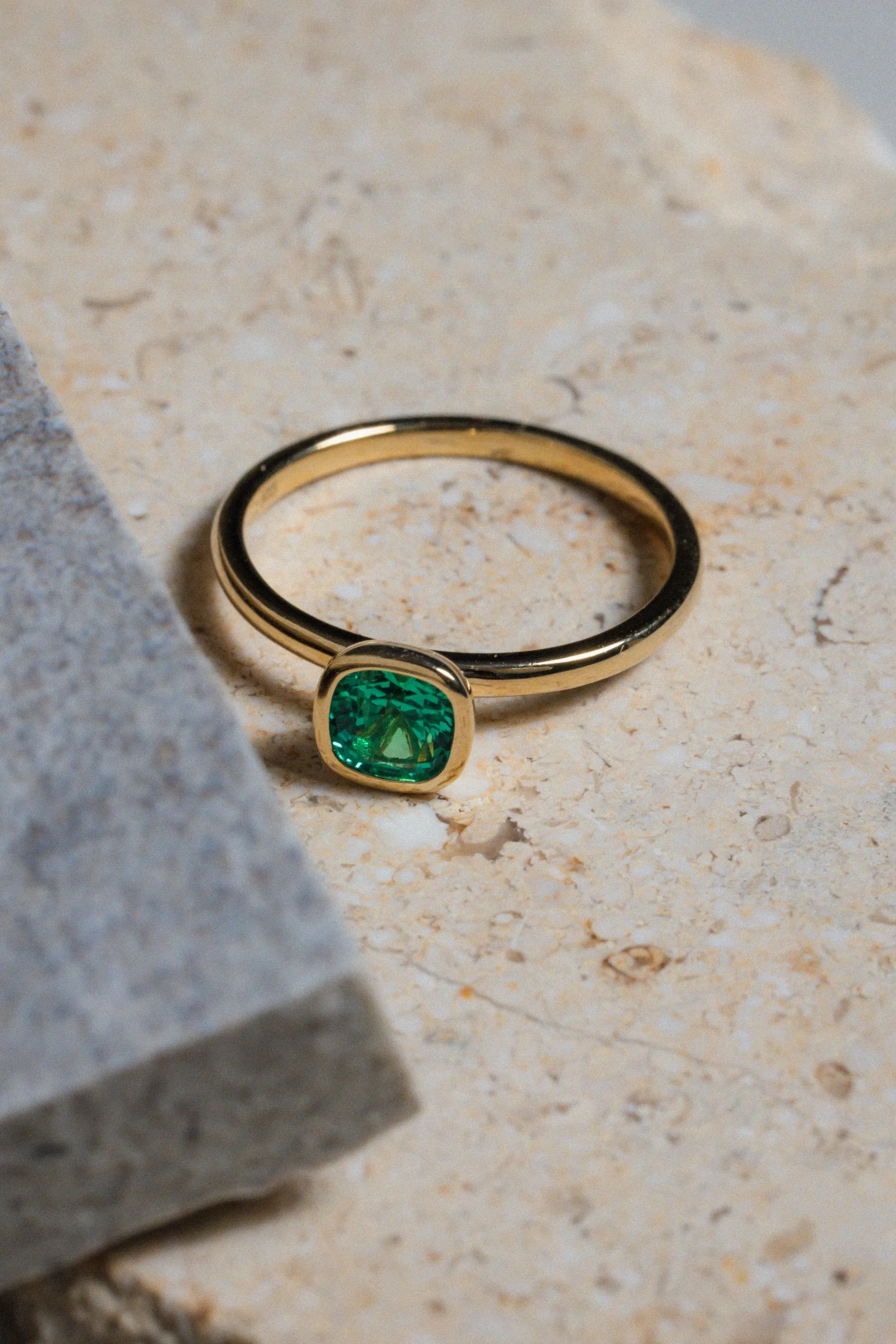 Emerald Cushion Cut Bezel Set Ring / 9K and 18K Solid Gold sold by Nyrelle Jewelry
