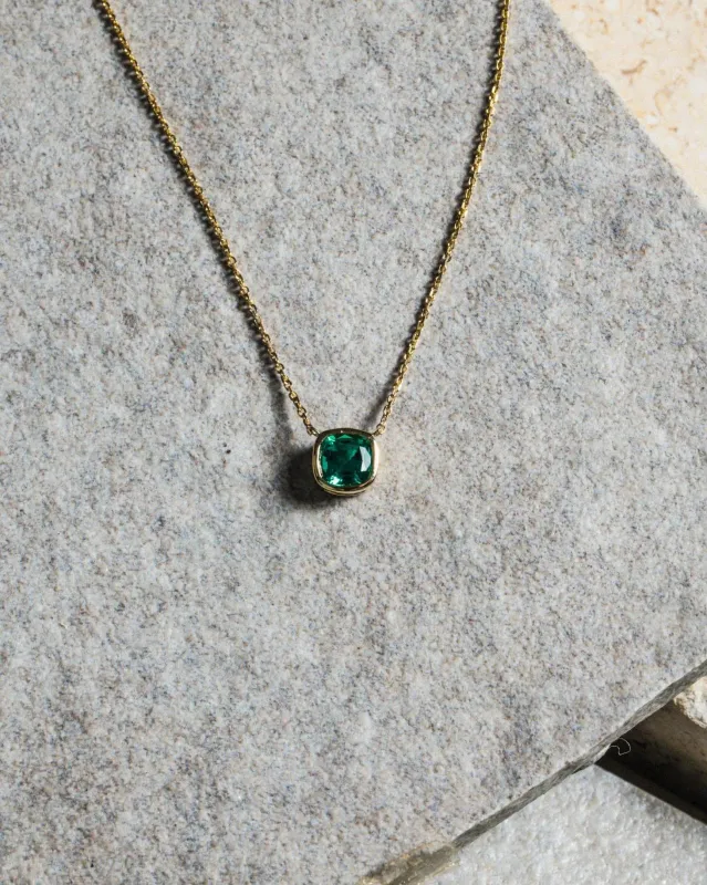 Emerald Cushion Cut Bezel Set Necklace / 9K and 18K Solid Gold sold by Nyrelle Jewelry