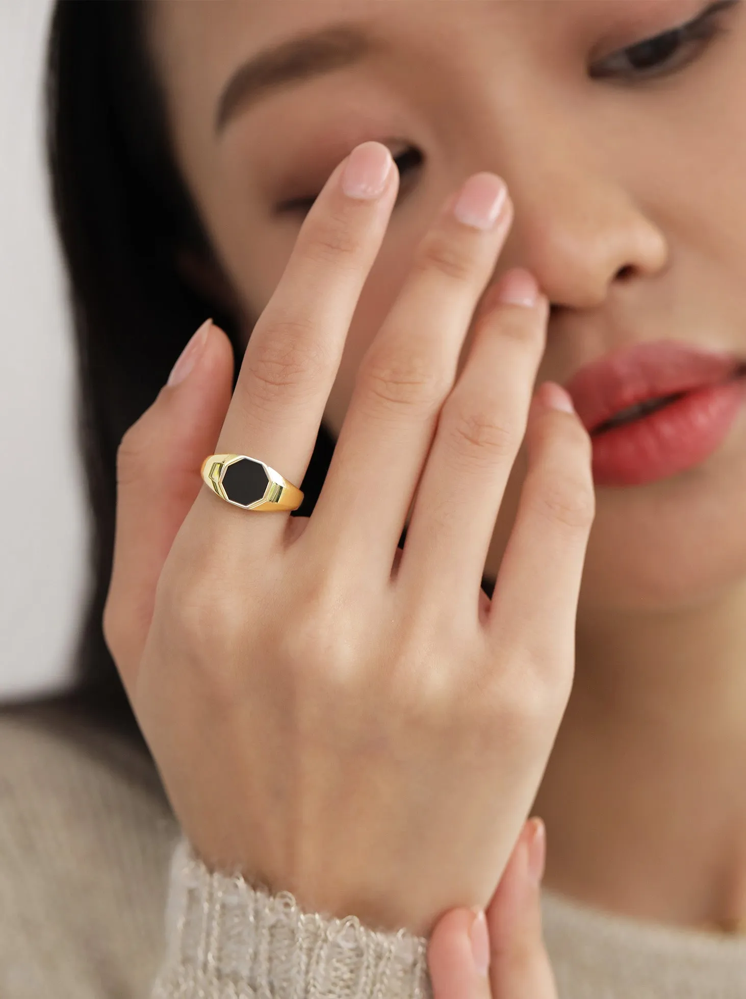 Black Onyx Slim Octagon Signet Ring / 9K and 18K Solid Gold sold by Nyrelle Jewelry product image thumbnail 3