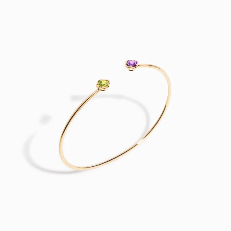 Clover Cut Peridot and Amethyst Bangle / 9K and 18K Solid Gold sold by Nyrelle Jewelry