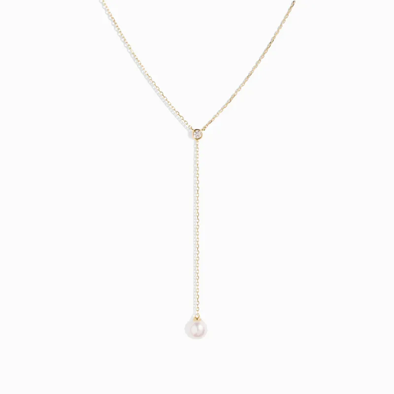 Freshwater Pearl & Bezel-Set Diamond Lariat Necklace / 9K and 18K Solid Gold sold by Nyrelle Jewelry