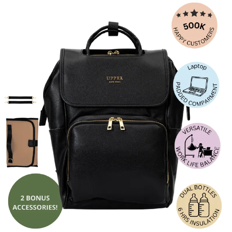 Leather Diaper Bag Backpack - La Madison - Elegant Vegan Leather Diaper Bag Backpack Original (Black) sold by UPPER Bags