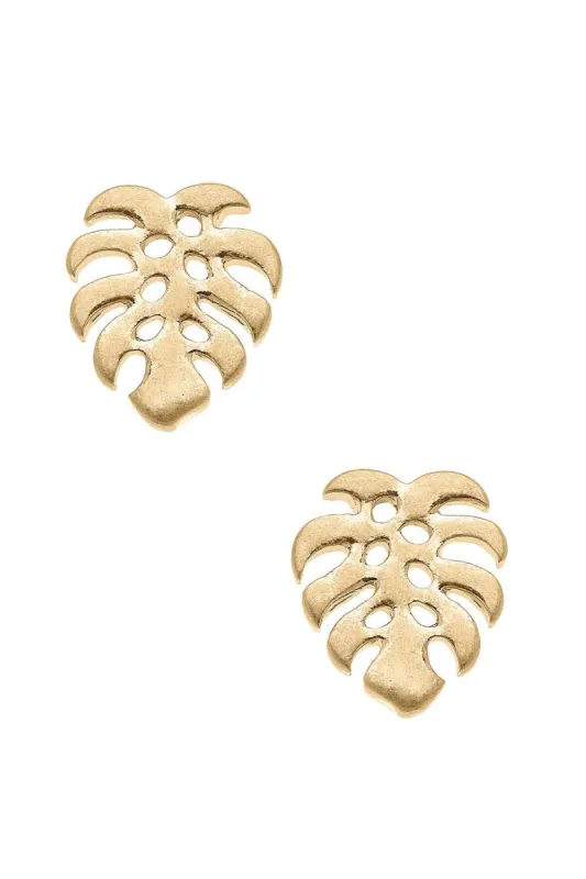 Monstera Leaf Stud Earrings in Worn Gold sold by Canvas Style