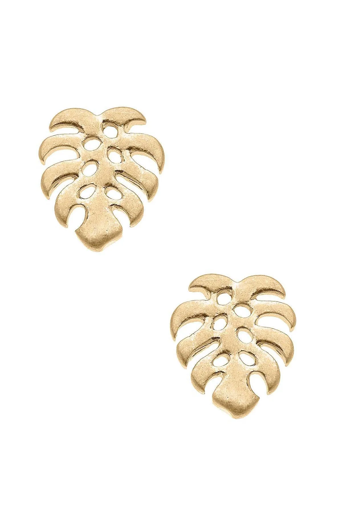 Monstera Leaf Stud Earrings in Worn Gold sold by Canvas Style