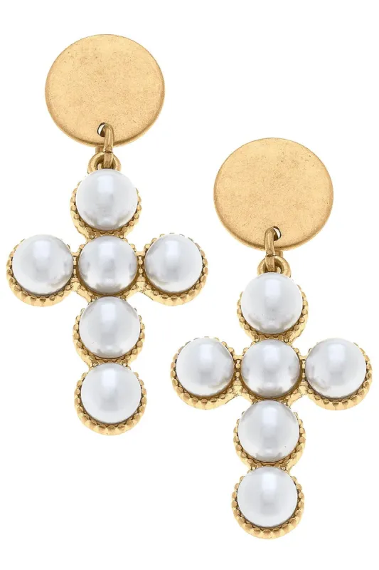 Elisha Pearl Cross Drop Earrings in Worn Gold sold by Canvas Style