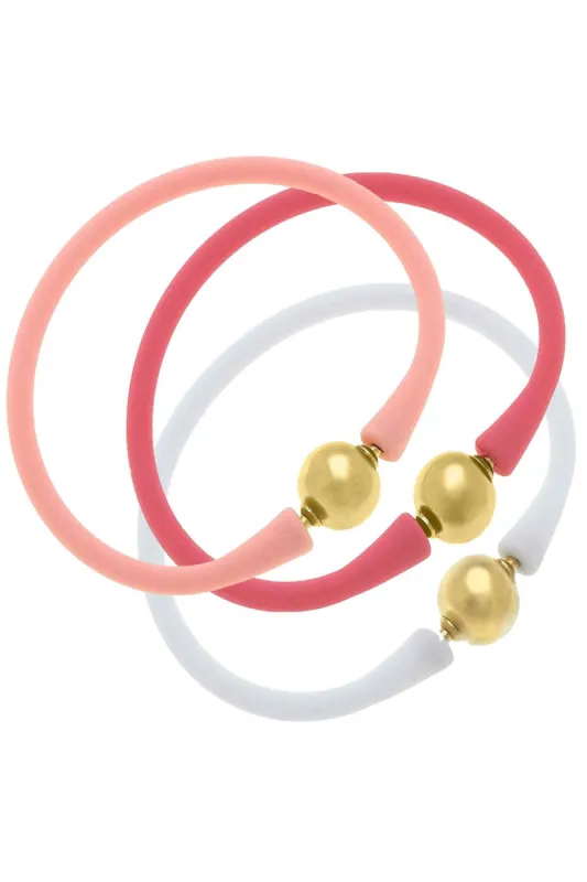 Bali 24K Gold Silicone Bracelet Stack of 3 in Light Pink, Pink & White sold by Canvas Style