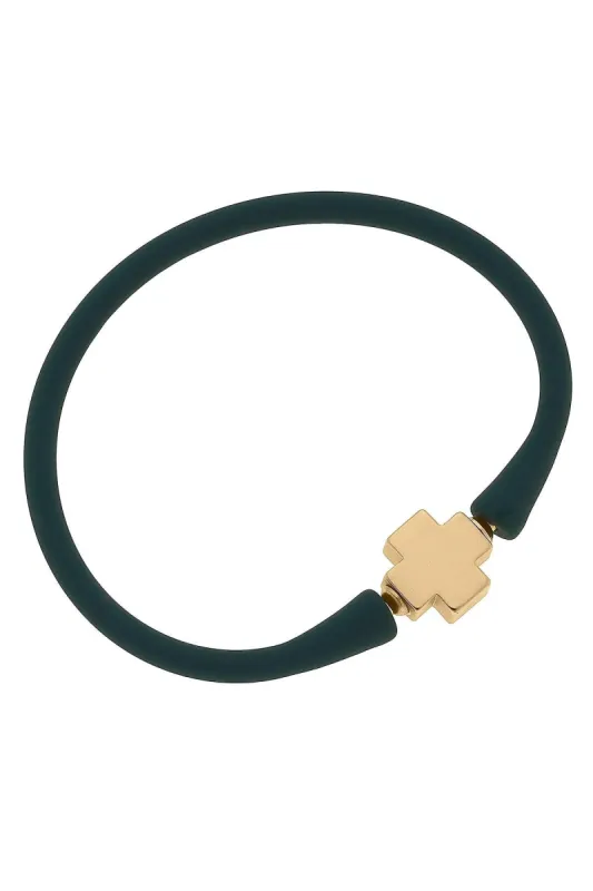Bali 24K Gold Plated Cross Bead Silicone Bracelet in Hunter Green - FINAL SALE sold by Canvas Style