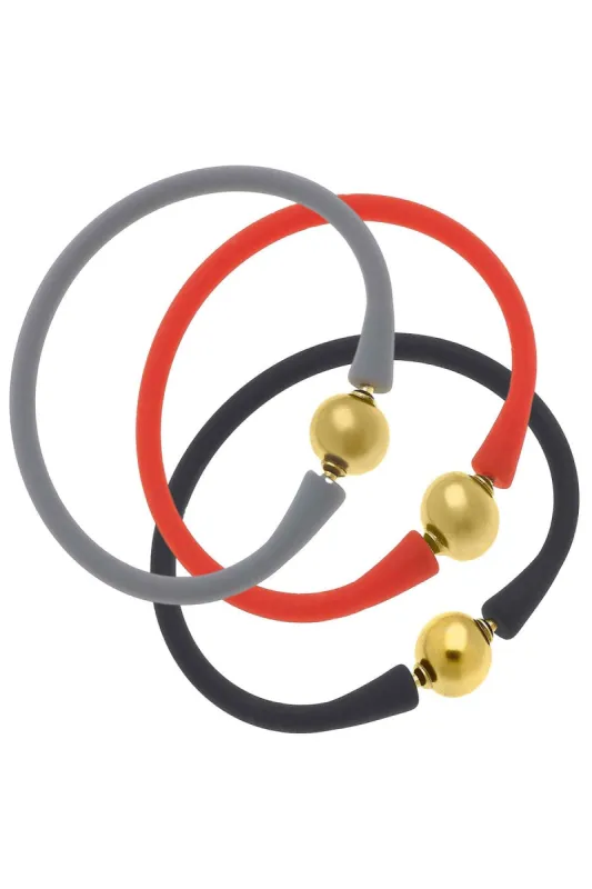 Bali 24K Gold Silicone Bracelet Stack of 3 in Steel Grey, Orange & Black sold by Canvas Style