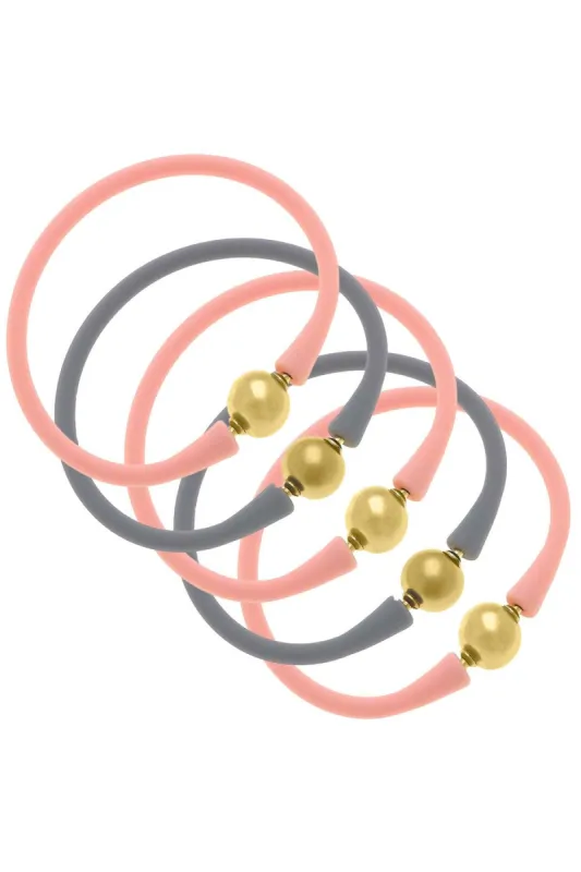 Bali 24K Gold Silicone Bracelet Stack of 5 in Light Pink & Steel Grey - FINAL SALE sold by Canvas Style