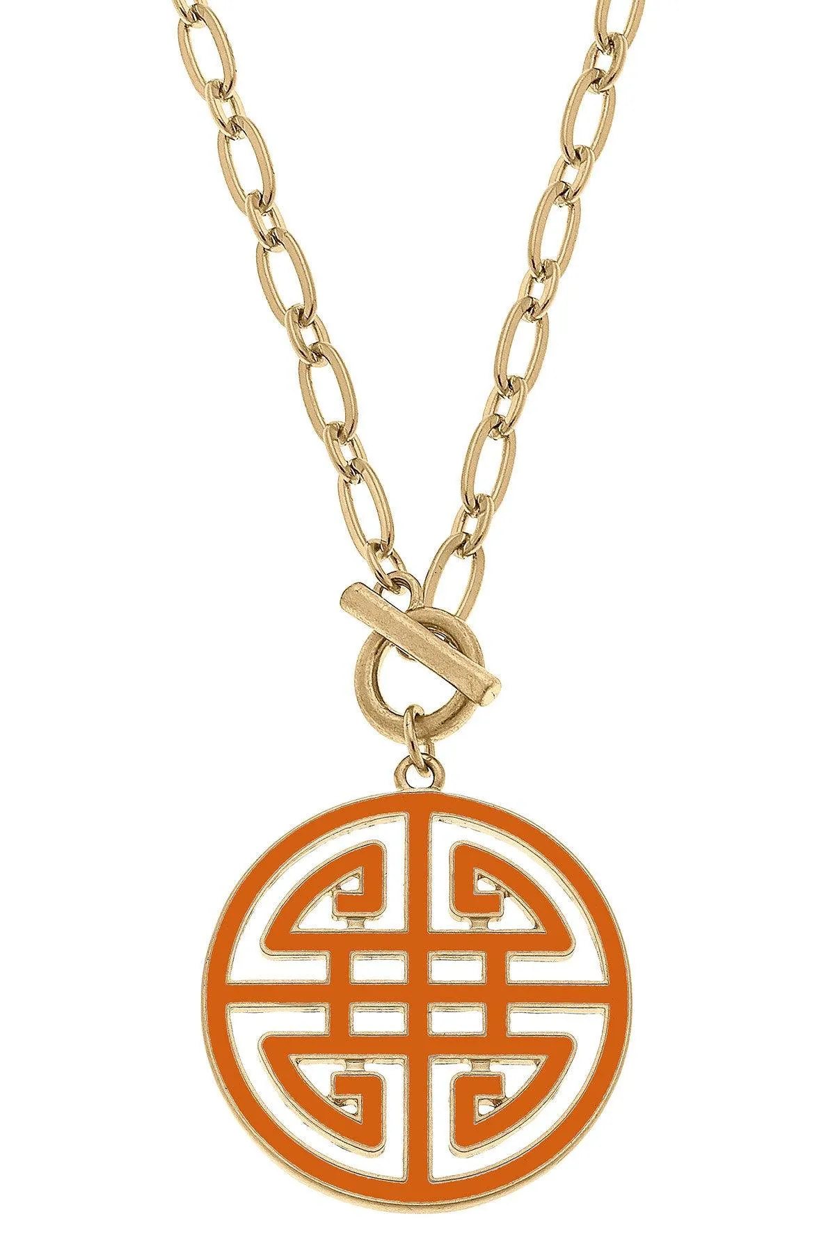 Tara Game Day Greek Keys Enamel Pendant Necklace in Burnt Orange sold by Canvas Style