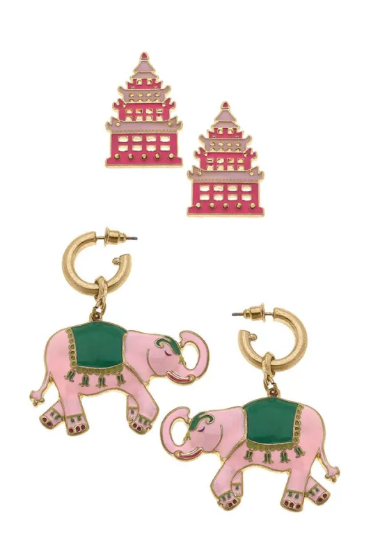 Tiffany Enamel Pagoda Stud and Livy Elephant Earring Set sold by Canvas Style