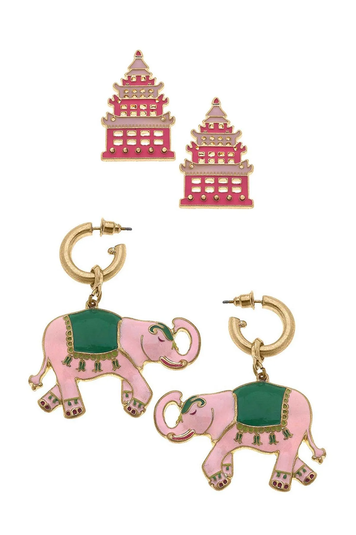 Tiffany Enamel Pagoda Stud and Livy Elephant Earring Set sold by Canvas Style
