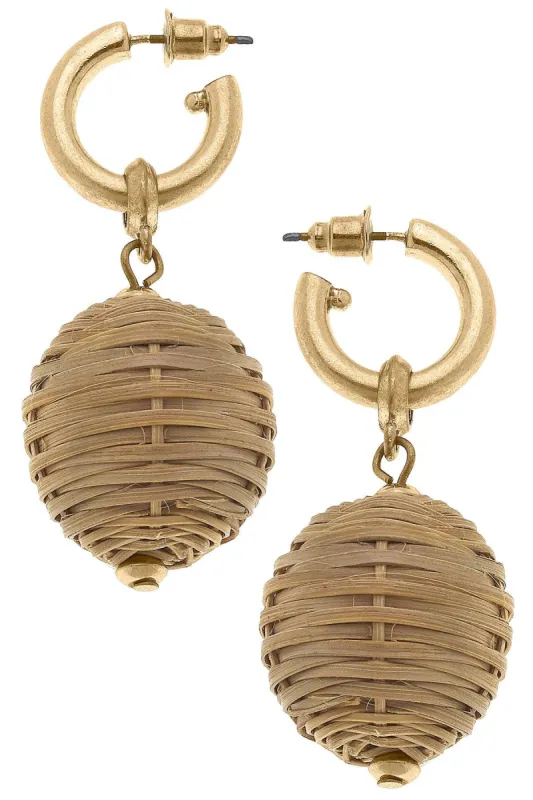 Gracie Wicker Ball Bead Drop Hoop Earrings in Natural sold by Canvas Style