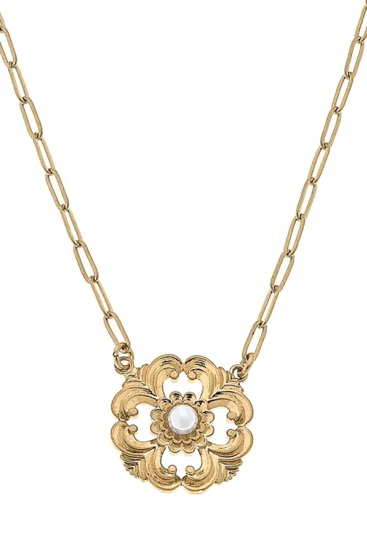 Marquette Acanthus & Pearl Charm Pendant Necklace in Worn Gold sold by Canvas Style