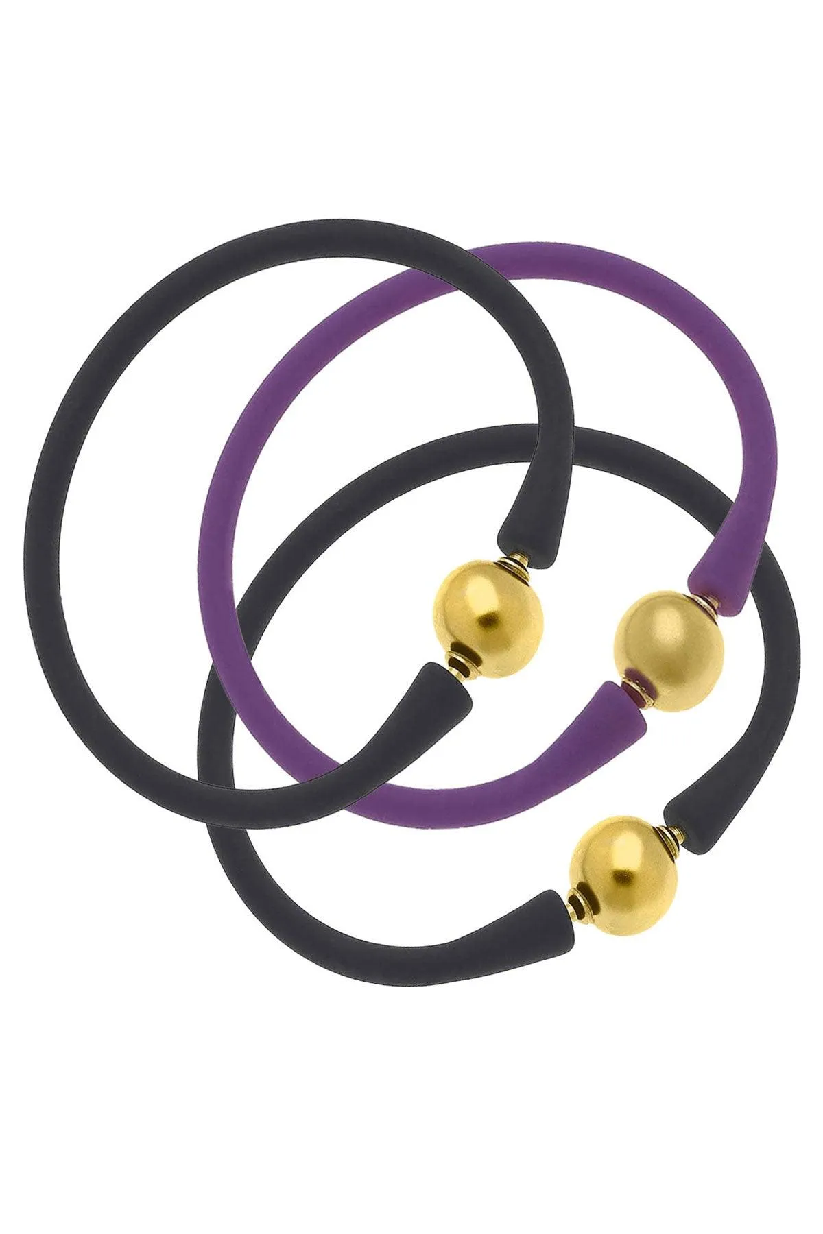 Bali 24K Gold Silicone Bracelet Stack of 3 in Black & Purple sold by Canvas Style