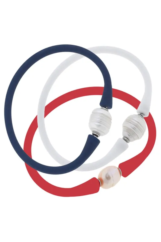 Bali Freshwater Pearl Silicone Bracelet Stack of 3 in Red, White & Navy sold by Canvas Style