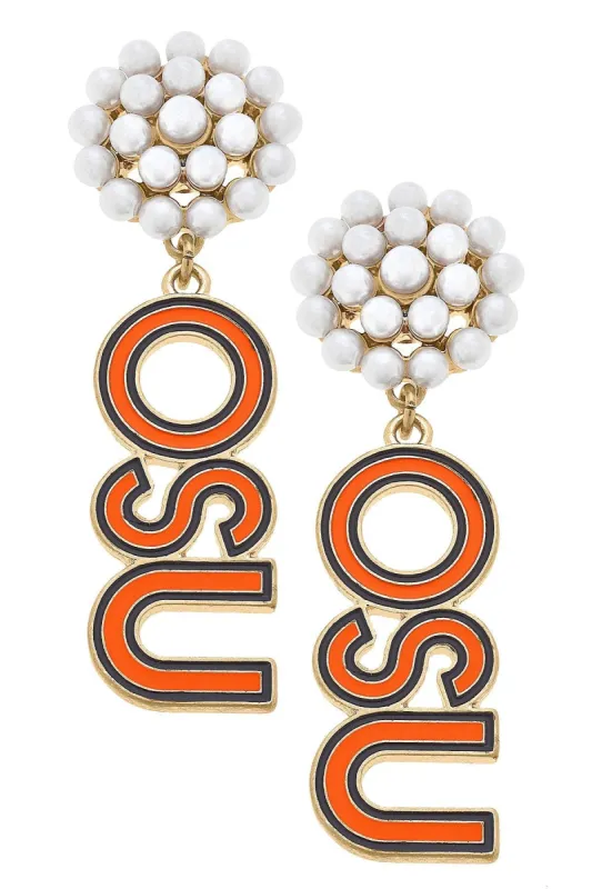 Oklahoma State Cowboys Pearl Cluster Outline Enamel Drop Earrings sold by Canvas Style