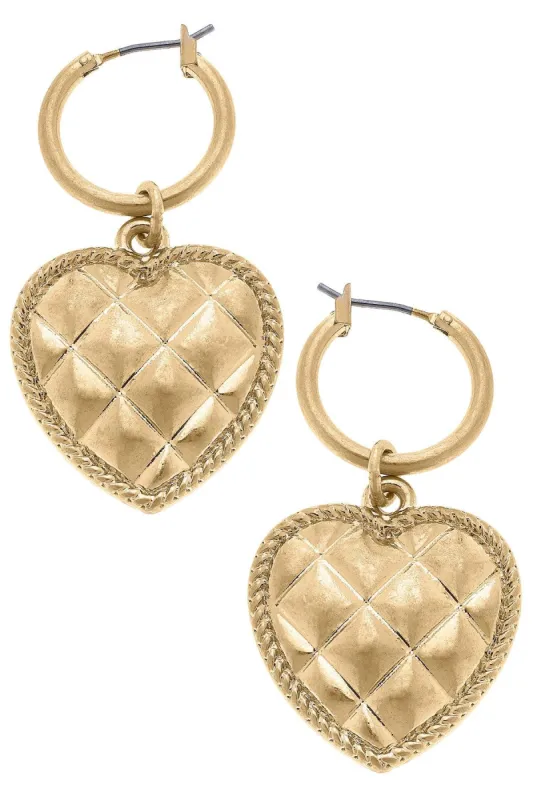 Collin Quilted Metal Heart Drop Hoop Earrings in Worn Gold sold by Canvas Style