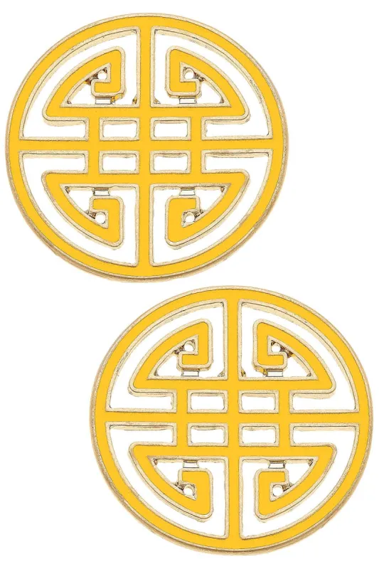 Aria Game Day Greek Keys Enamel Stud Earrings in Yellow sold by Canvas Style