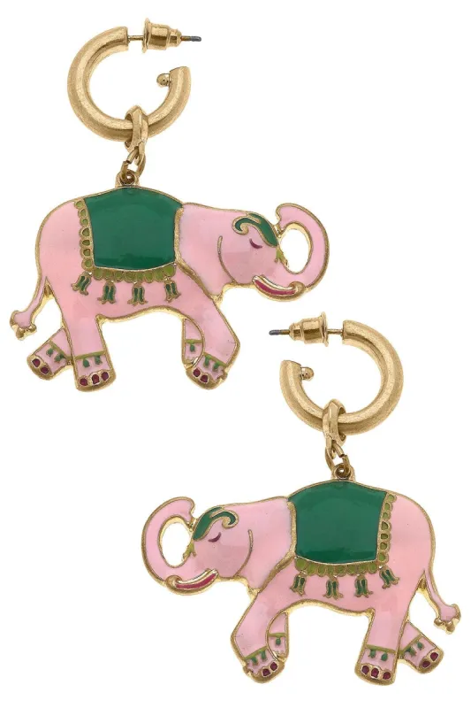 Livy Enamel Elephant Earrings in Pink & Green sold by Canvas Style