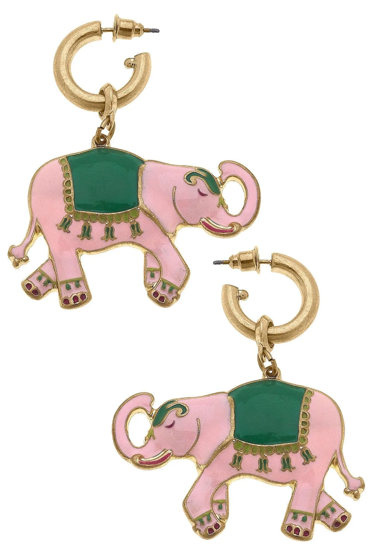 Livy Enamel Elephant Earrings in Pink & Green sold by Canvas Style